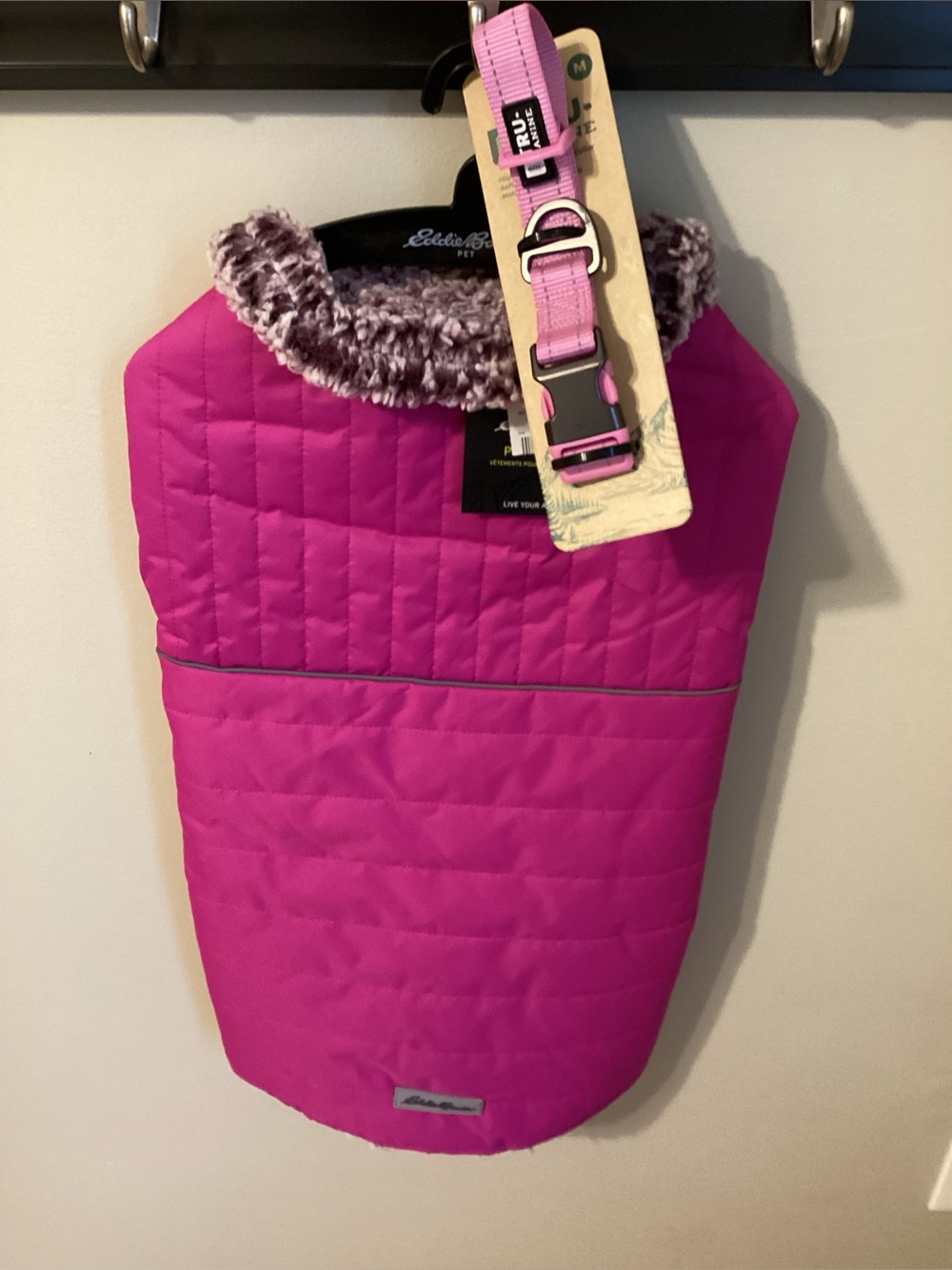 Eddie Bauer Pink Quilted Dog Jacket with Sherpa Lining & True Canine Collar